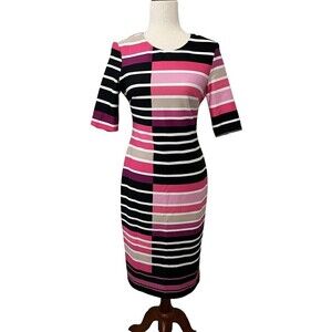 Eliza J Womens Bodycon Dress Size 6 Colorful Striped MIDI Short Sleeve Pink